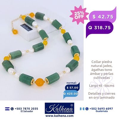 Collar de Perlas Jades verdes y Agathas tono ámbar entre detalles oro laminado