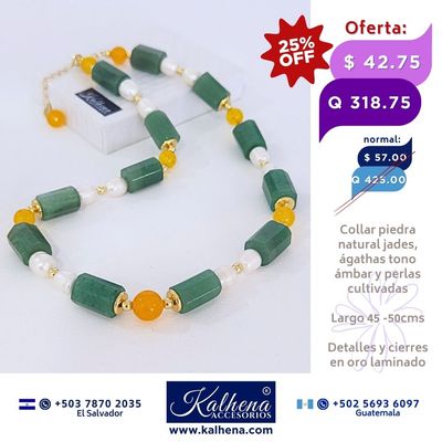 Collar de Perlas Jades verdes y Agathas tono ámbar entre detalles oro laminado Collar de Perlas Jades verdes y Agathas tono ámbar entre detalles oro laminado