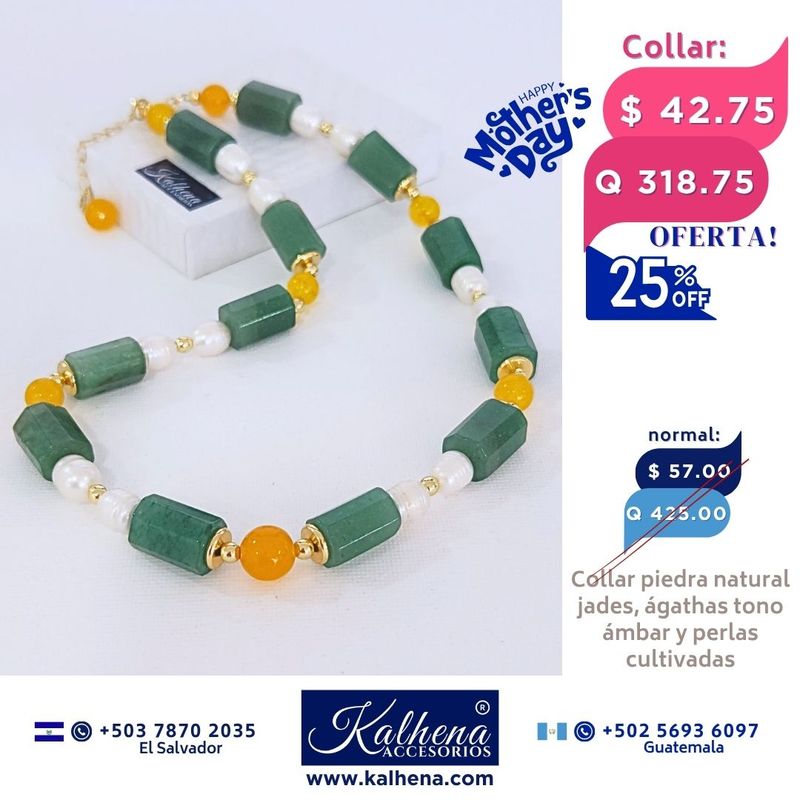 Collar de Perlas Jades verdes y Agathas tono ámbar entre detalles oro laminado