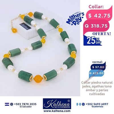Collar de Perlas Jades verdes y Agathas tono ámbar entre detalles oro laminado