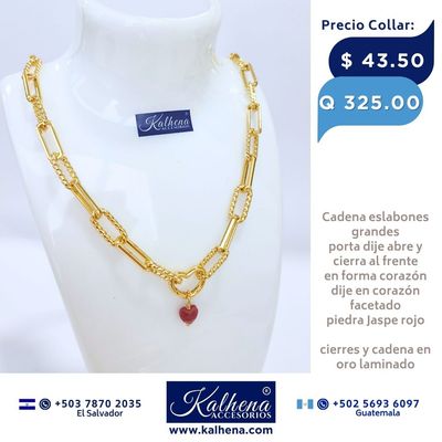 Cadena eslabones grandes oro laminado, portadije abre y cierra corazón, dije piedra natural, largo 47cm
