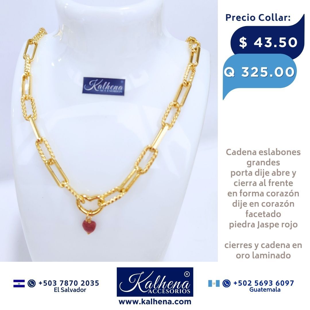 Cadena eslabones grandes oro laminado, portadije abre y cierra corazón, dije piedra natural, largo 47cm