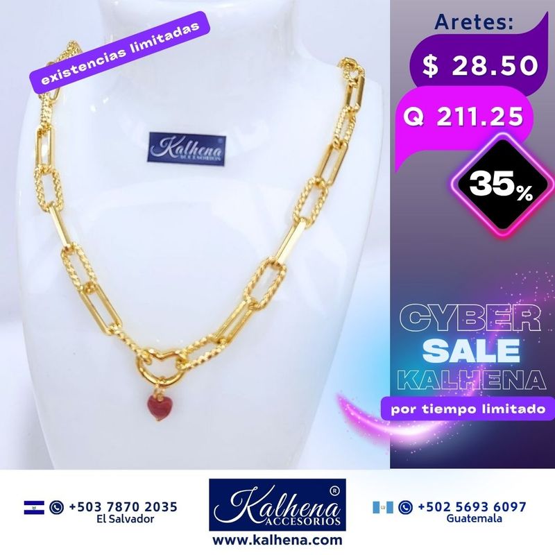 Cadena eslabones grandes oro laminado, portadije abre y cierra corazón, dije piedra natural, largo 47cm