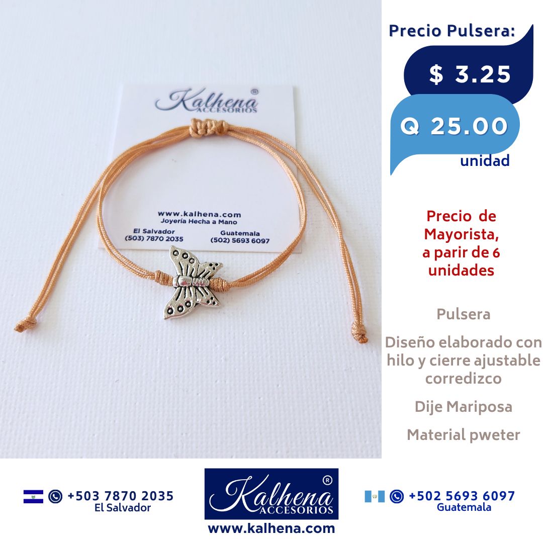 Pulsera hilo celeste Dije Mariposa en pewter