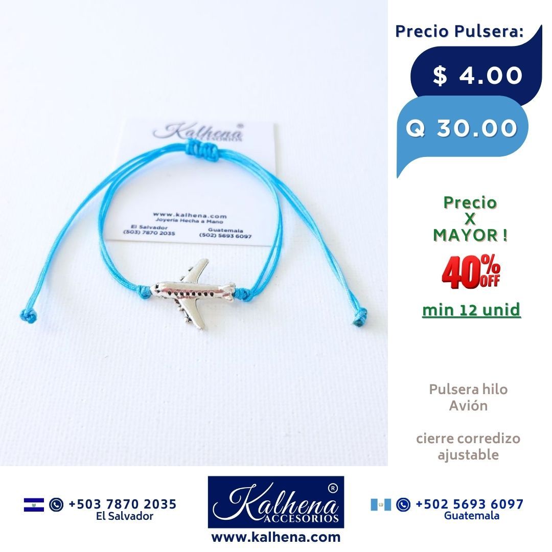 Pulsera hilo celeste Dije Avión en pewter