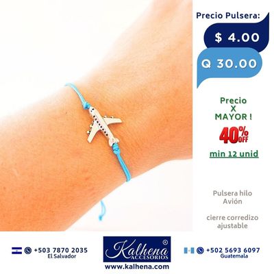 Pulsera hilo celeste Dije Avión en pewter