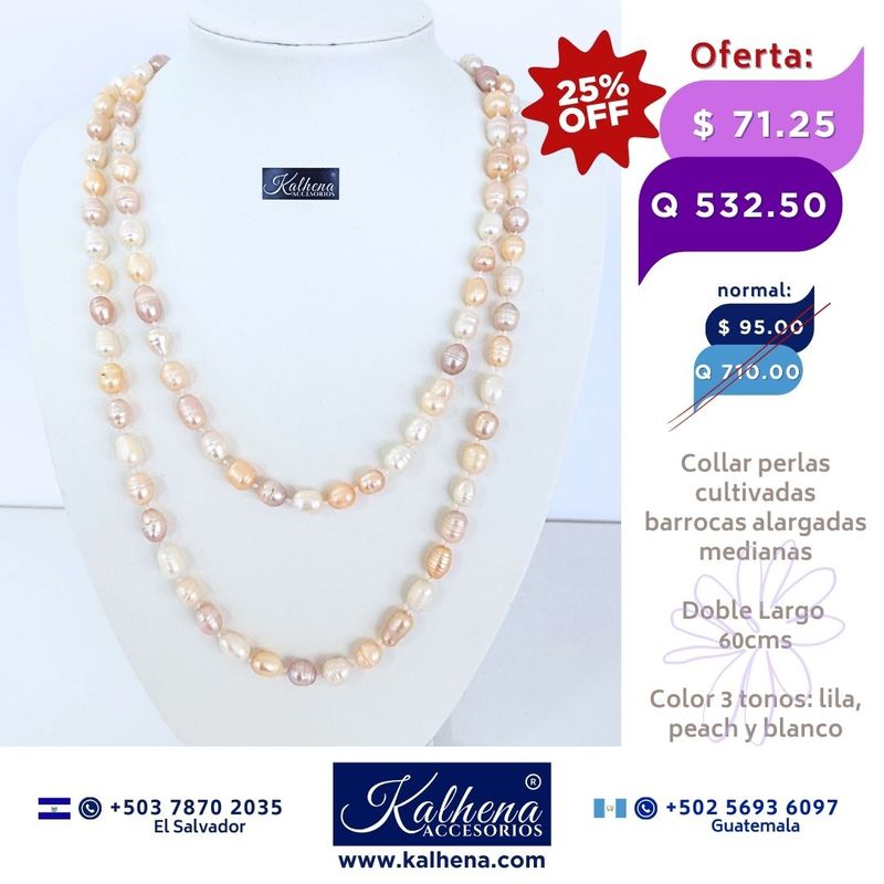 Collar largo perlas cultivadas alargadas: lila/rosa/blanco Collar largo perlas cultivadas alargadas: lila/rosa/blanco