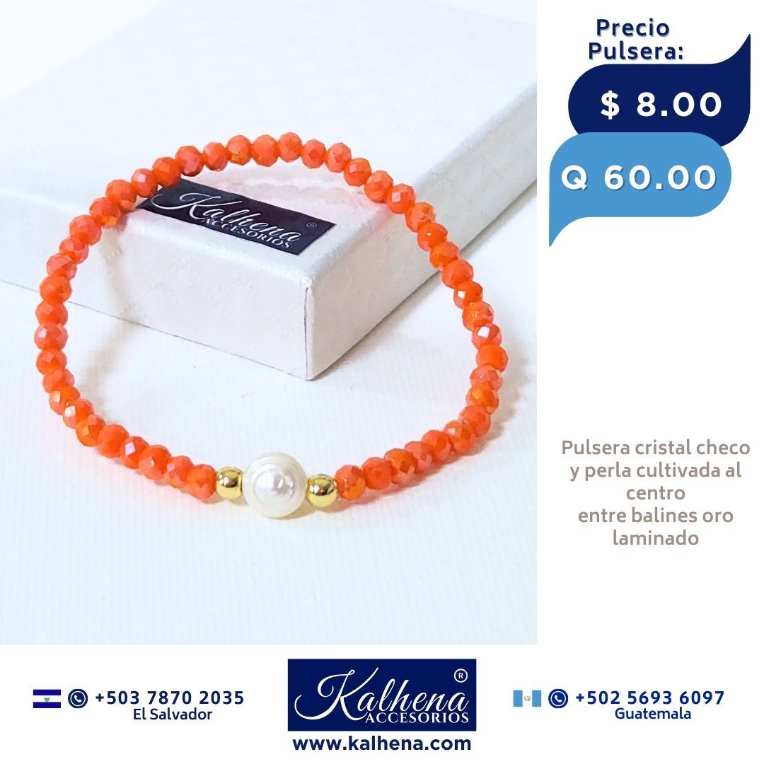 Pulseras cristal checo (naranja brilloso)  perla cultivada entre balines oro laminado