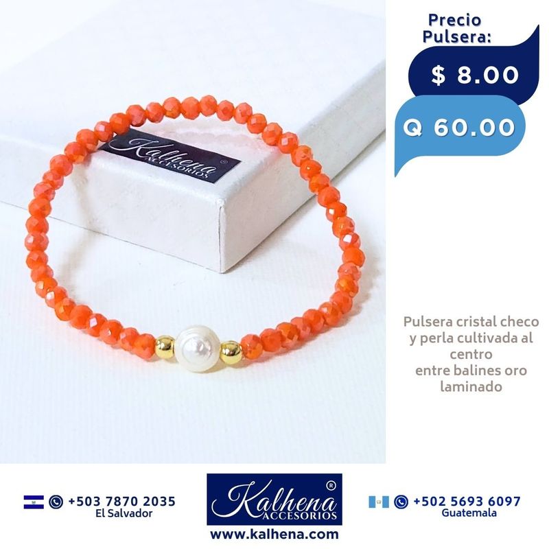 Pulseras cristal checo (naranja brilloso)  perla cultivada entre balines oro laminado