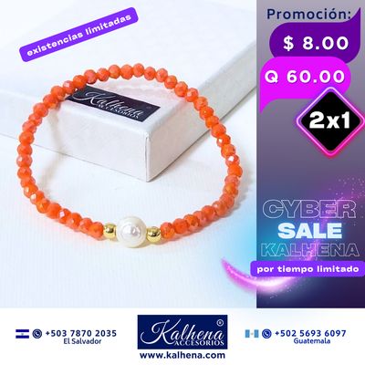 Pulseras cristal checo (naranja brilloso)  perla cultivada entre balines oro laminado