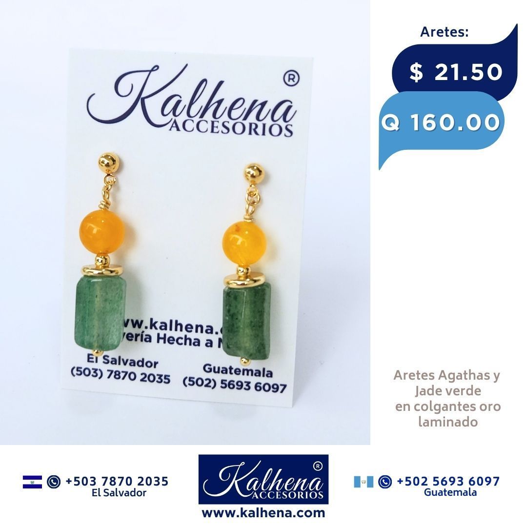 Aretes Jade y Agathas tono ambar en colgantes oro laminado