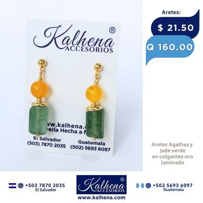 Aretes Jade y Agathas tono ambar en colgantes oro laminado