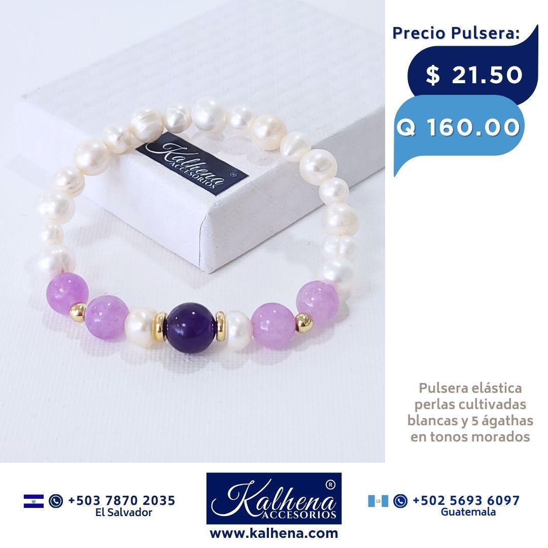 Pulsera piedra natural ágathas moradas y perlas cultivadas
