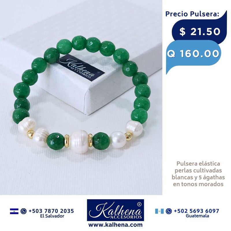 Pulsera piedra natural ágathas verdes y perlas cultivadas Pulsera piedra natural ágathas verdes y perlas cultivadas