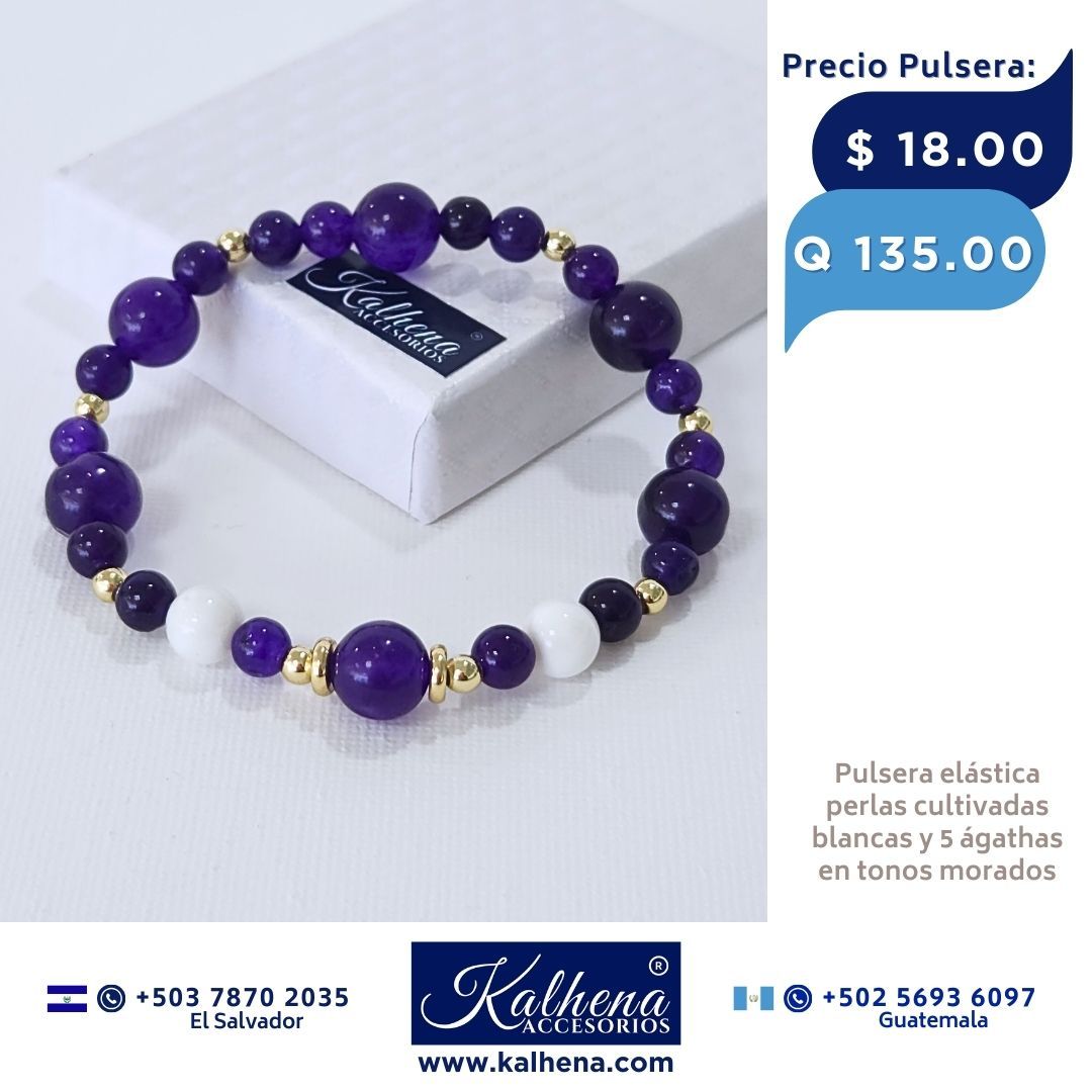 Pulsera piedra natural ágathas moradas y blancas