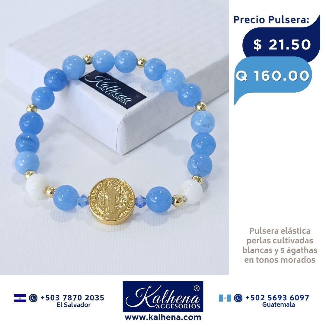 Pulsera piedra natural celeste y blanco con Medalla Religiosa San Benito