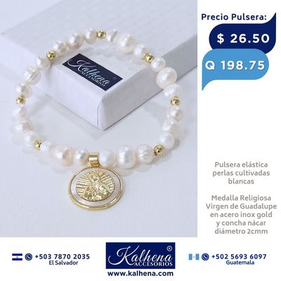 Pulsera perlas cultivadas y Medalla  Virgen de Guadalupe