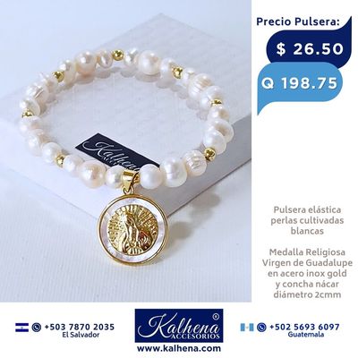 Pulsera perlas cultivadas y Medalla  Virgen de Guadalupe