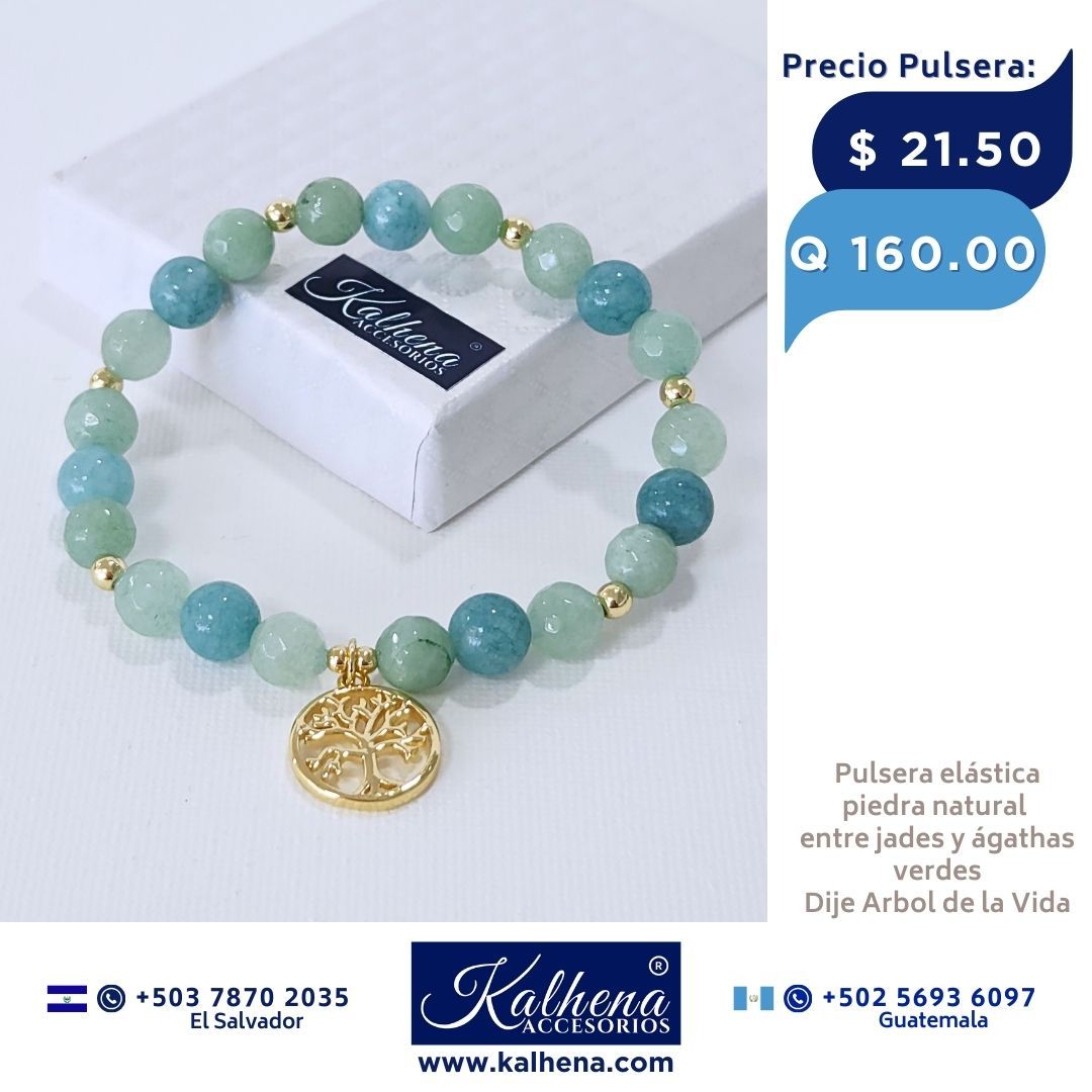 Pulsera piedra natural jades y ágathas verdes con Dije Arbol de la Vida