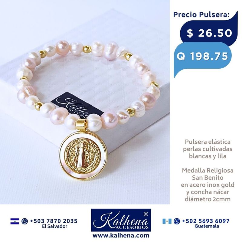 Pulsera perlas cultivadas blancas y lila Medalla San Benito Pulsera perlas cultivadas blancas y lila Medalla San Benito