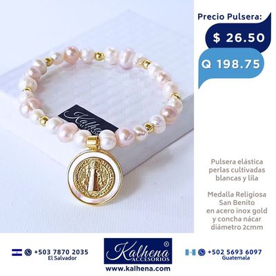 Pulsera perlas cultivadas blancas y lila Medalla San Benito