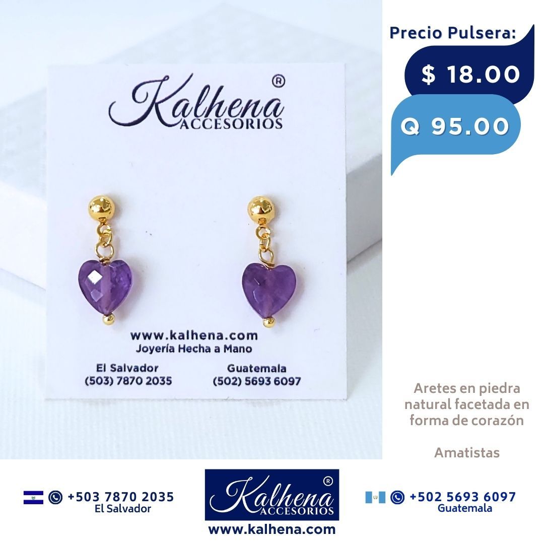 Aretes piedra natural facetada en forma corazón (amatistas)