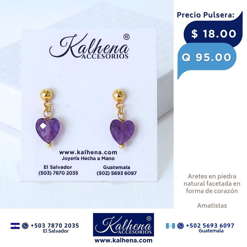 Aretes piedra natural facetada en forma corazón (amatistas)
