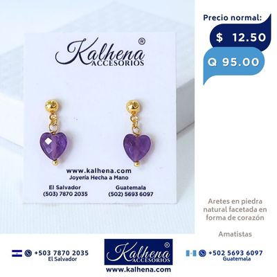 2x1 - Aretes piedra natural facetada en forma corazón (amatistas)