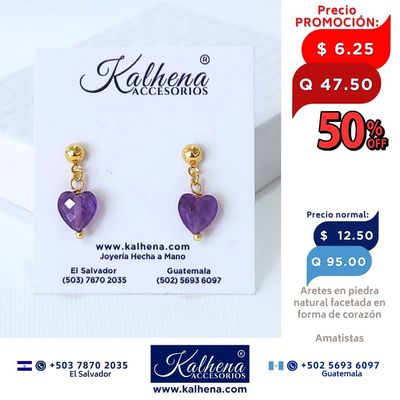 Aretes piedra natural facetada en forma corazón (amatistas)