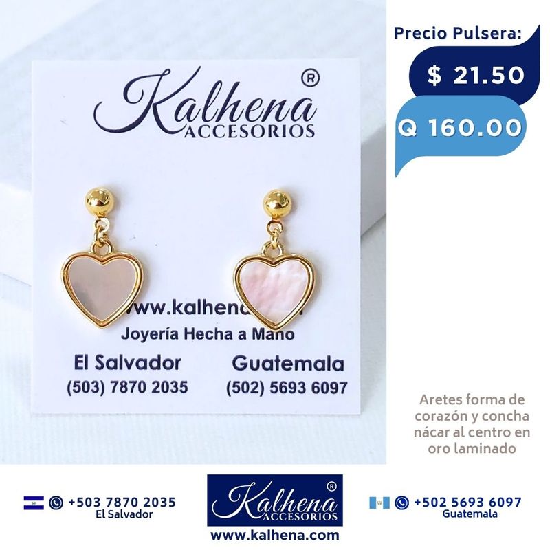 Aretes corazón concha nácar entre oro laminado