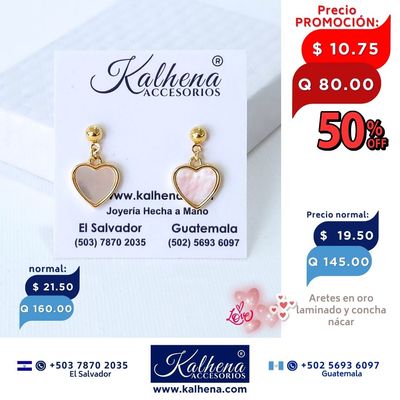 Aretes corazón concha nácar entre oro laminado Aretes corazón concha nácar entre oro laminado