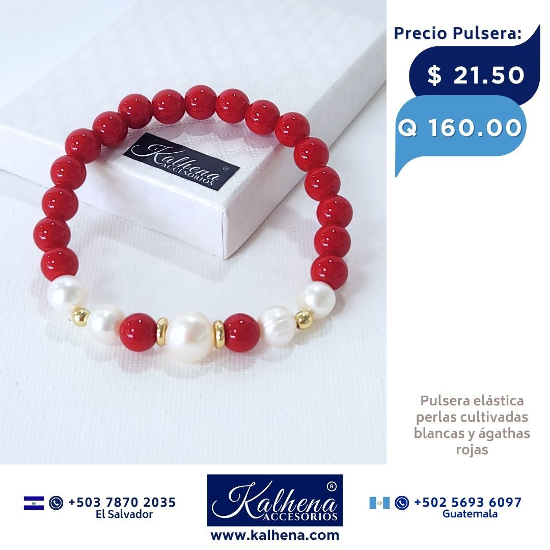 Pulsera 5 perlas cultivadas y Agathas rojas