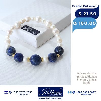 Pulsera 5 Lapis Lazulli y perlas cultivadas