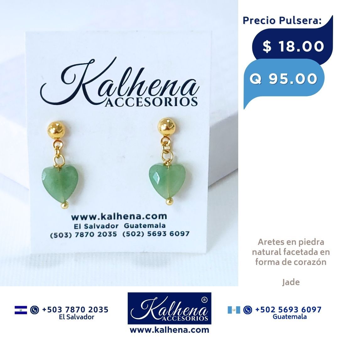 Aretes piedra natural facetada en forma corazón (Jade)