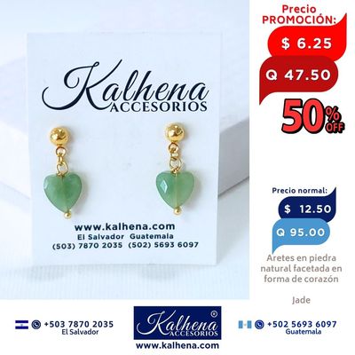 Aretes piedra natural facetada en forma corazón (Jade)