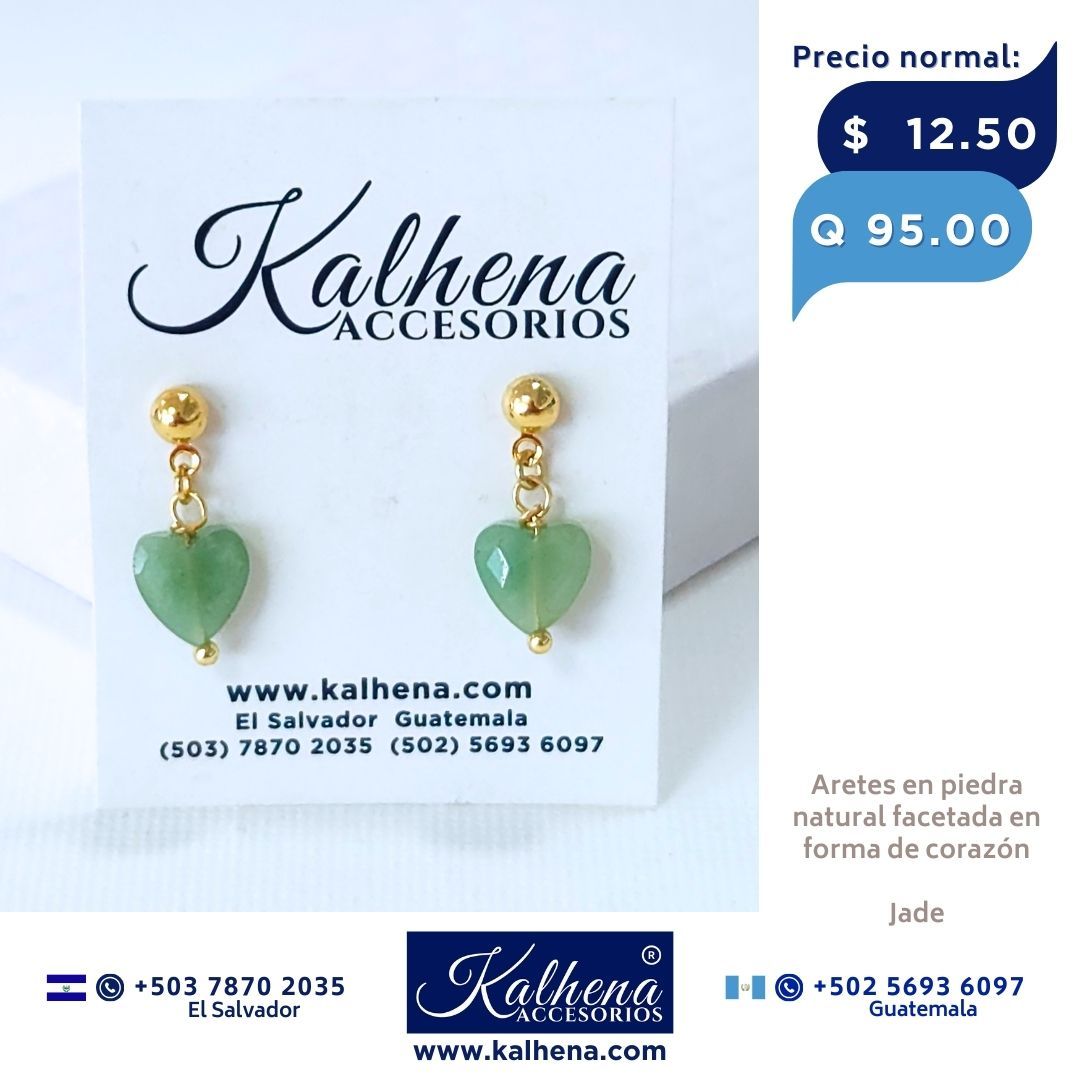 Aretes piedra natural facetada en forma corazón (Jade)