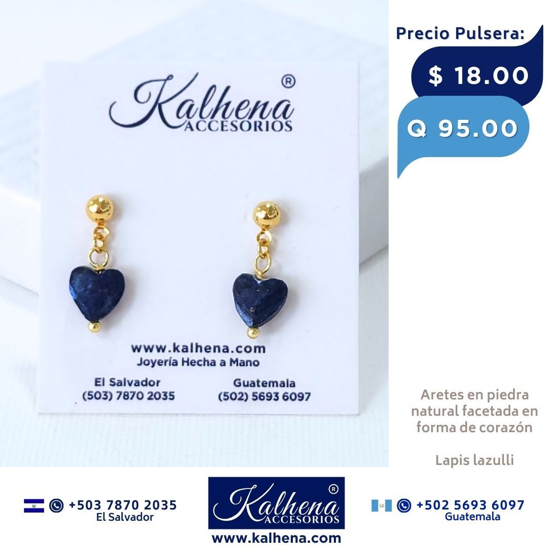 Aretes piedra natural facetada en forma corazón (lapis lazulli)