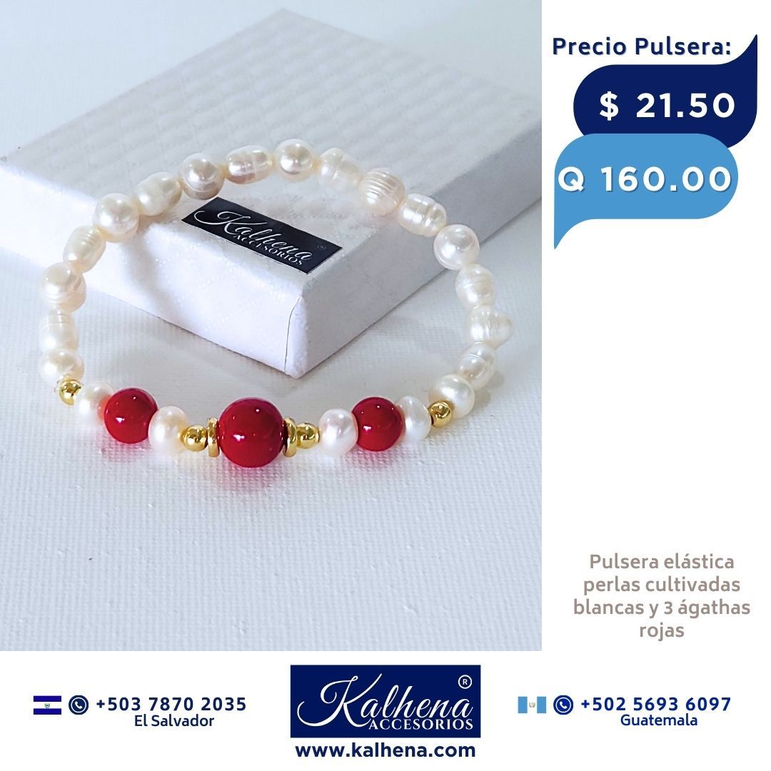 Pulsera 3 Agathas rojas y perlas cultivadas