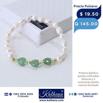 Pulsera corazones en piedra facetada y perlas cultivadas Pulsera corazones en piedra facetada y perlas cultivadas