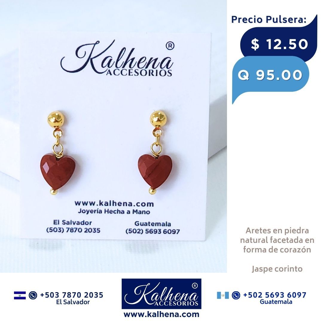 Aretes piedra natural facetada en forma corazón (Jaspe corinto)