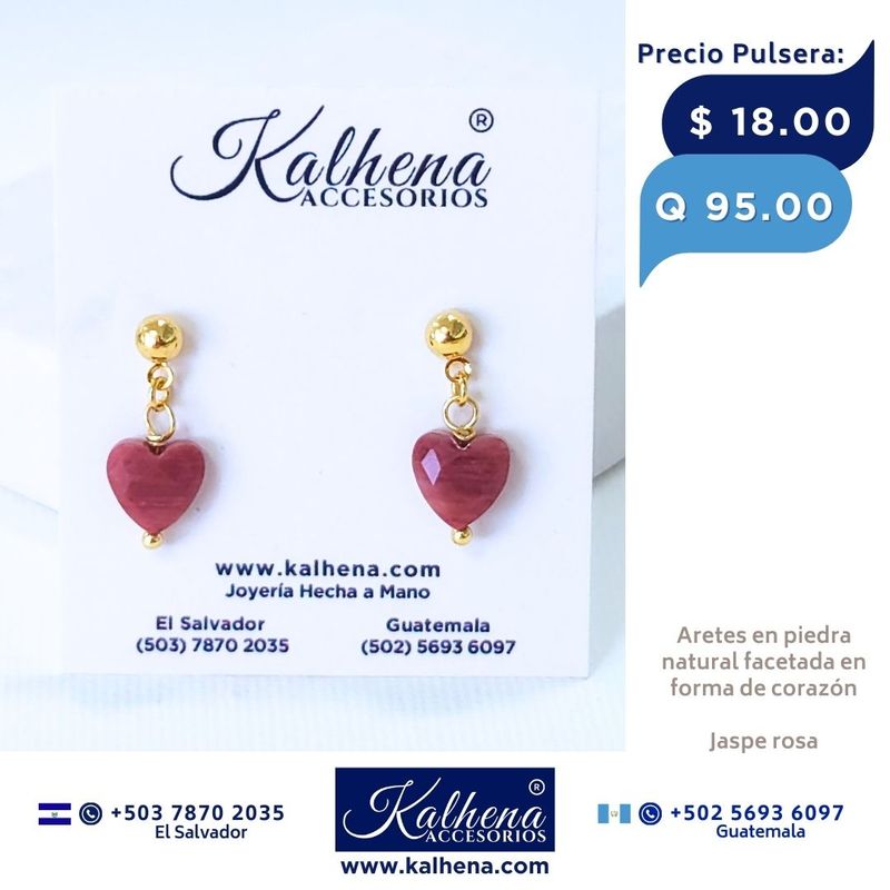 Aretes piedra natural facetada en forma corazón (Jaspe rosa)