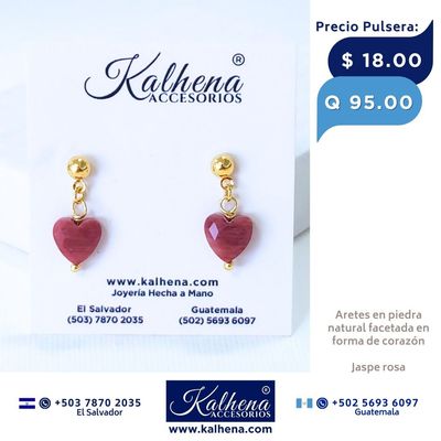 Aretes piedra natural facetada en forma corazón (Jaspe rosa)