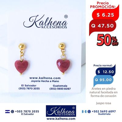 Aretes piedra natural facetada en forma corazón (Jaspe rosa)