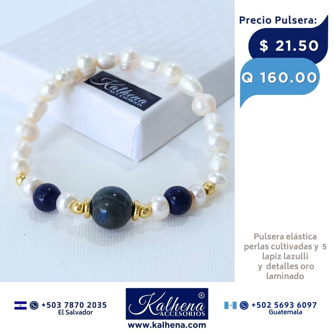 Pulsera 3 lapis lazulli y perlas cultivadas
