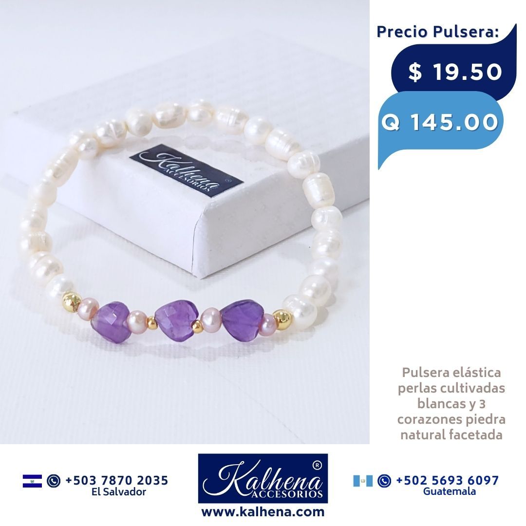 Pulsera corazones en piedra facetada y perlas cultivadas