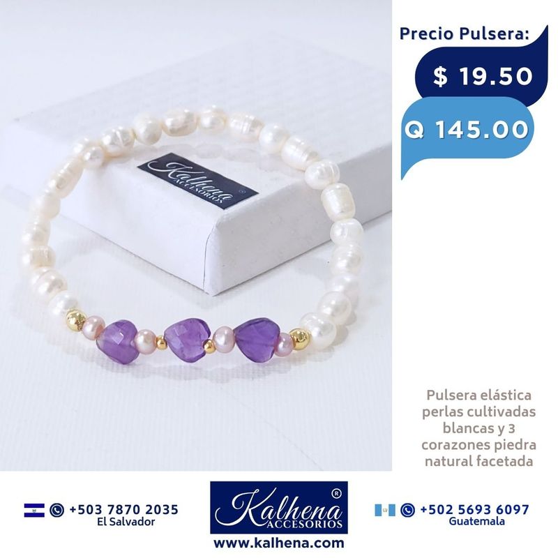 Pulsera corazones en piedra facetada y perlas cultivadas