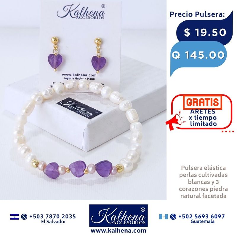 Pulsera corazones en piedra facetada y perlas cultivadas