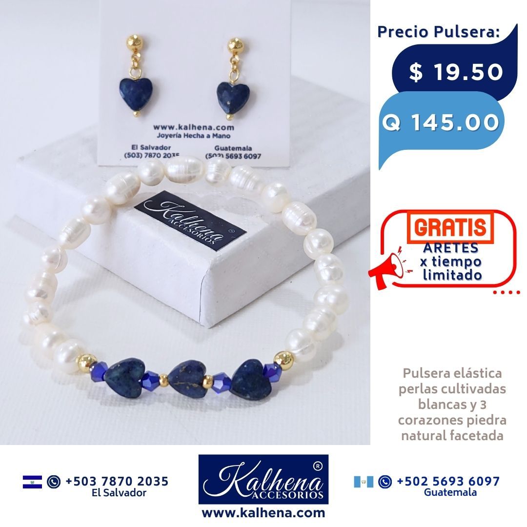Pulsera corazones en piedra facetada y perlas cultivadas