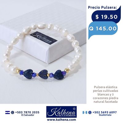 Pulsera corazones en piedra facetada y perlas cultivadas Pulsera corazones en piedra facetada y perlas cultivadas