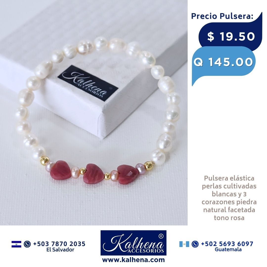 Pulsera corazones en piedra facetada y perlas cultivadas Jaspe rosa